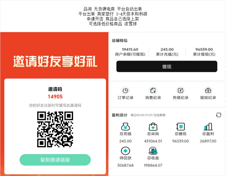 品淘无货源电商平台自动出单可选择低价格商品滚雪球